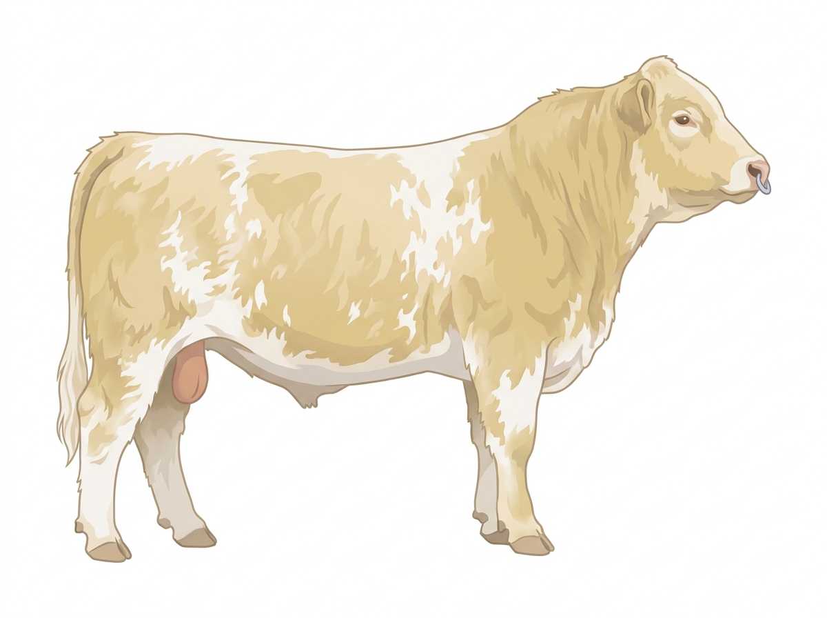 Light yellow dun roan with a pale muzzle ring and lighter underline 1/2 Highlander Cross Bull