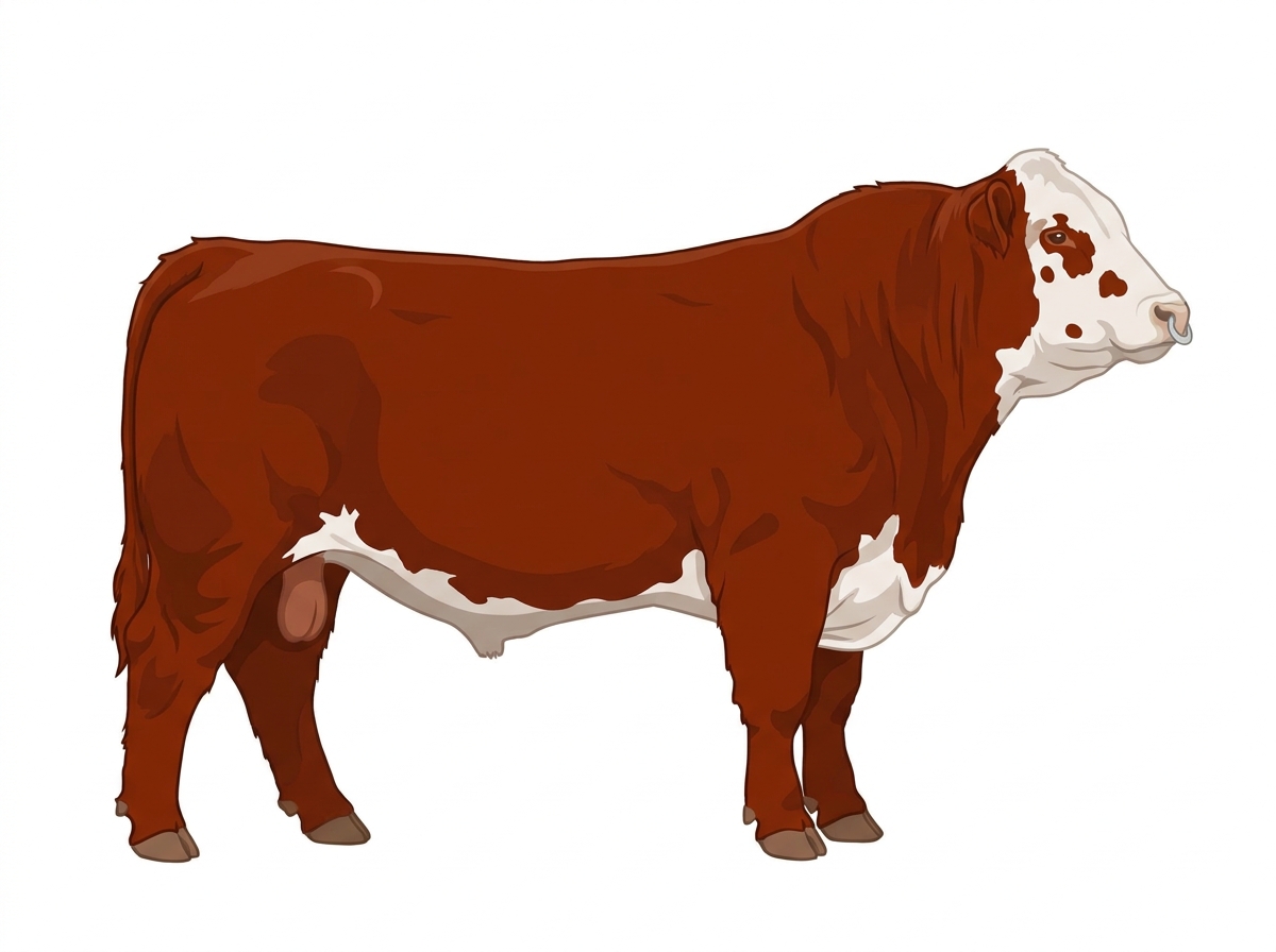 Red with a pale muzzle ring and lighter underline, a partial white face and a few white spots 1/2 Highlander Cross Bull
