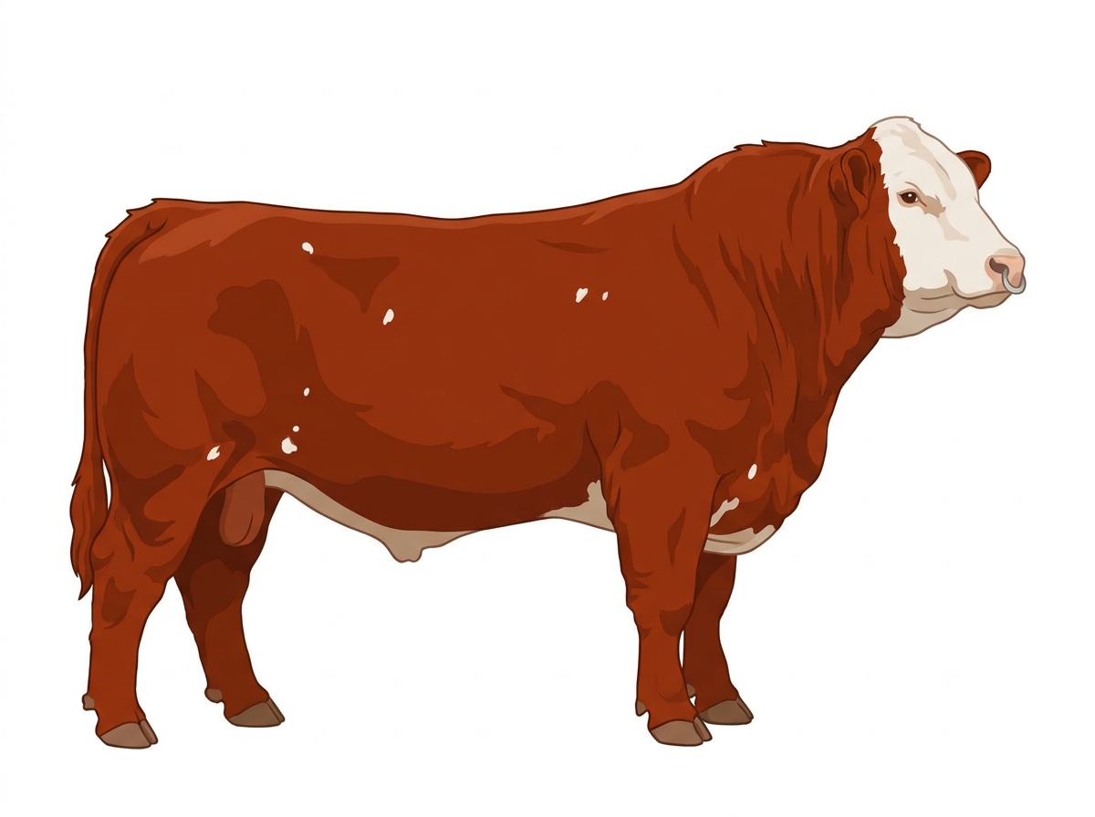 Red with a pale muzzle ring and lighter underline, a white face and a few white spots 1/2 Highlander Cross Bull