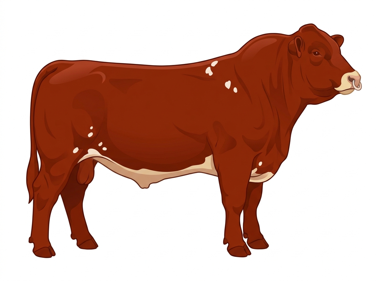 Red with a pale muzzle ring and lighter underline and a few white spots 1/2 Highlander Cross Bull