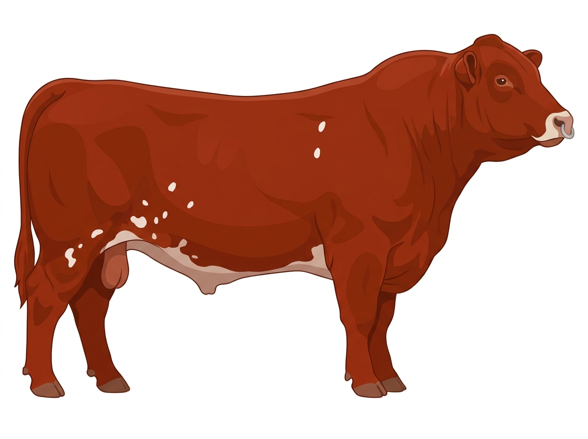 Red with a pale muzzle ring and lighter underline and white spots 1/2 Highlander Cross Bull