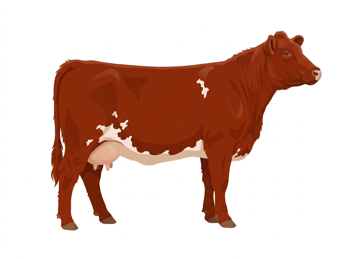 Red with a pale muzzle ring and lighter underline and white spots 1/2 Highlander Cross Cow