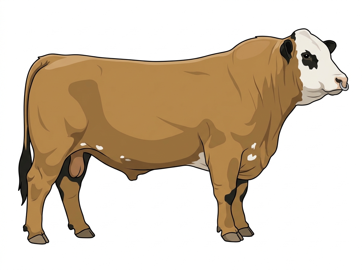 Tan with black points, a pale muzzle ring and lighter underline, a white face and a few white spots 1/2 Highlander Cross Bull