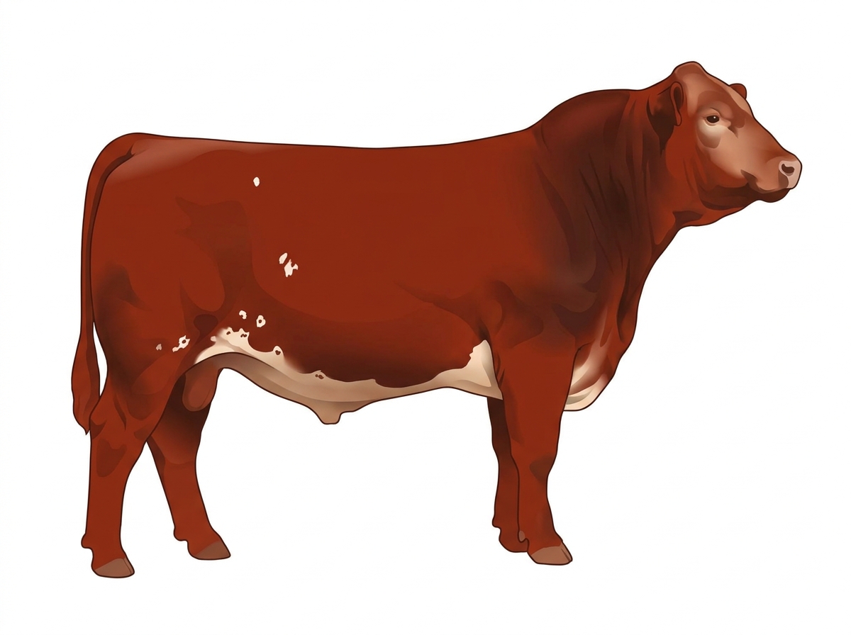 Red with a few white spots and ticking in the white 1/2 Limousin 1/2 Simmental Bull