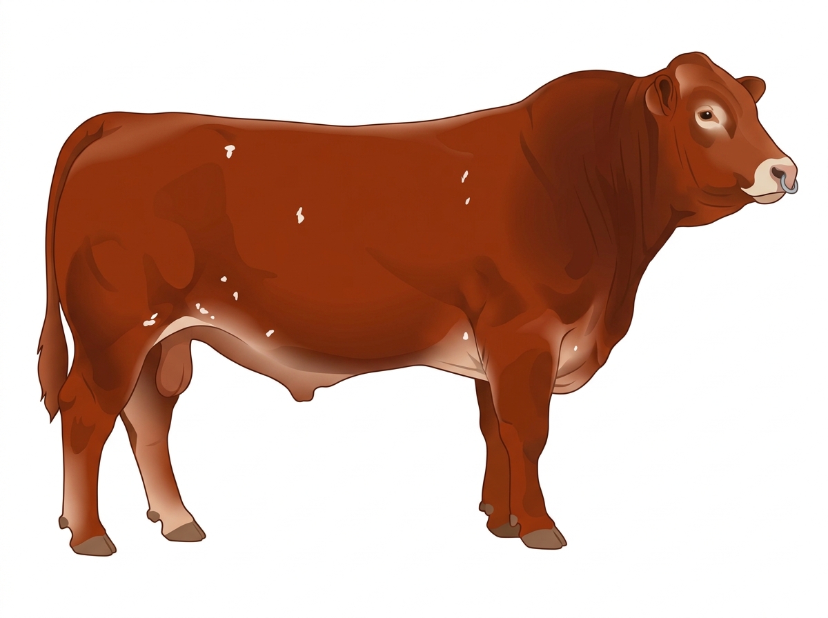 Red with a pale muzzle ring and lighter underline, a few white spots and ticking in the white 1/2 Limousin 1/2 Simmental Bull