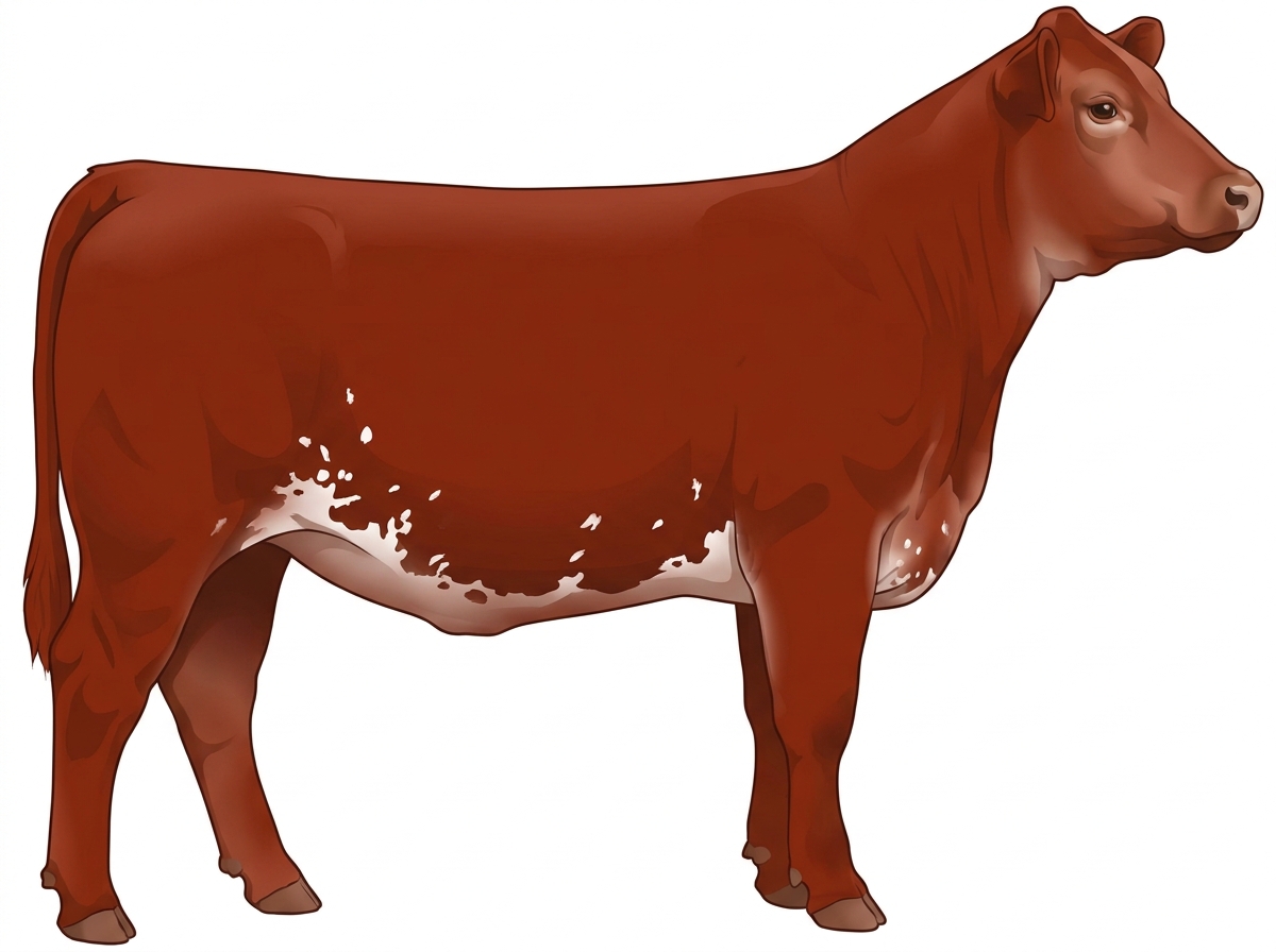 Red with a pale muzzle ring and lighter underline, a few white spots and ticking in the white 1/2 Limousin 1/2 Simmental Heifer