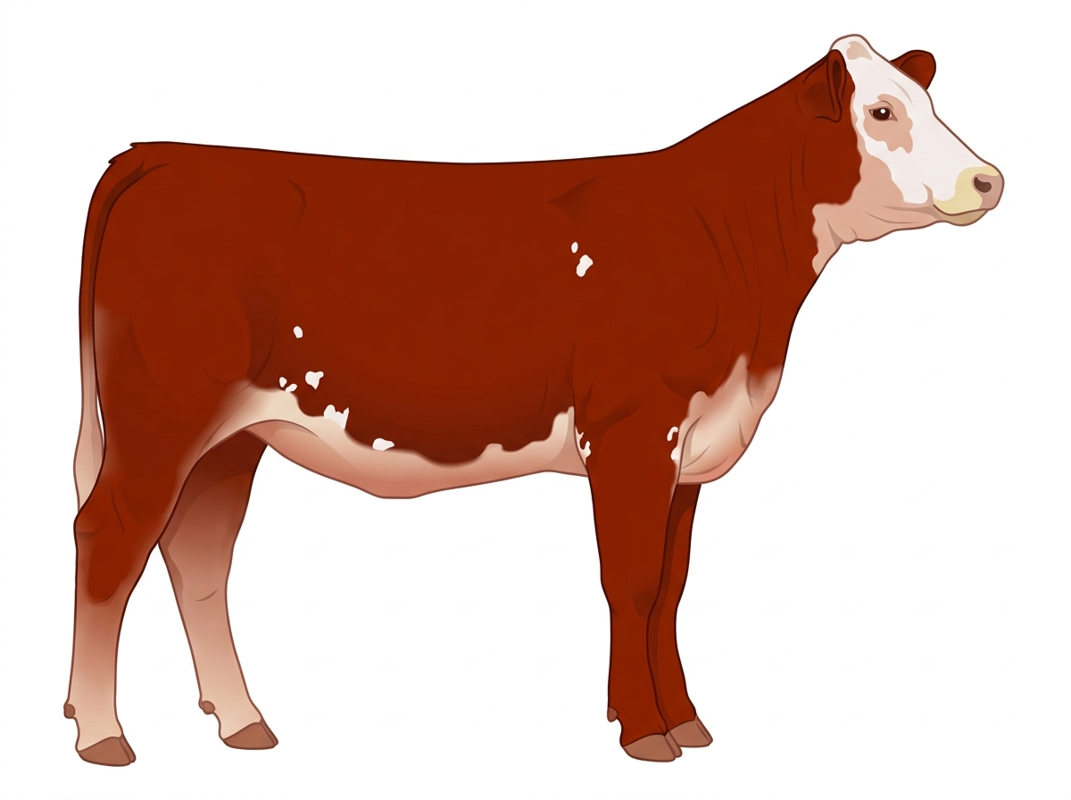 Red with a pale muzzle ring and lighter underline, a white face and a few white spots 1/2 Limousin 1/2 Simmental Heifer