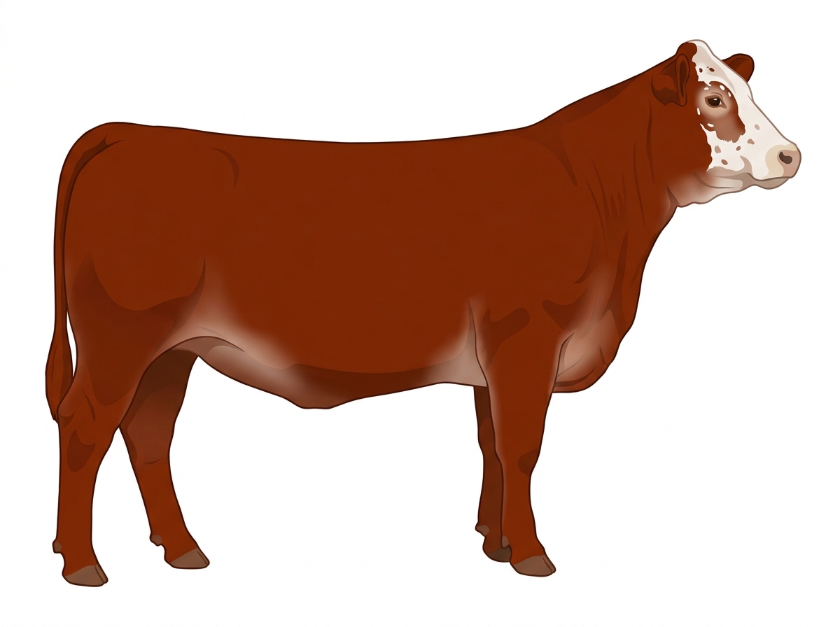 Red with a pale muzzle ring and lighter underline, a white face and ticking in the white 1/2 Limousin 1/2 Simmental Heifer