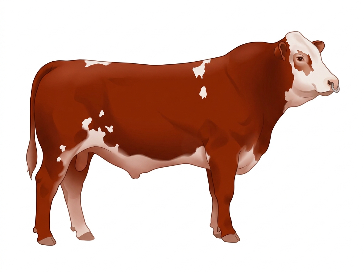 Red with a pale muzzle ring and lighter underline, a white face and white spots 1/2 Limousin 1/2 Simmental Bull