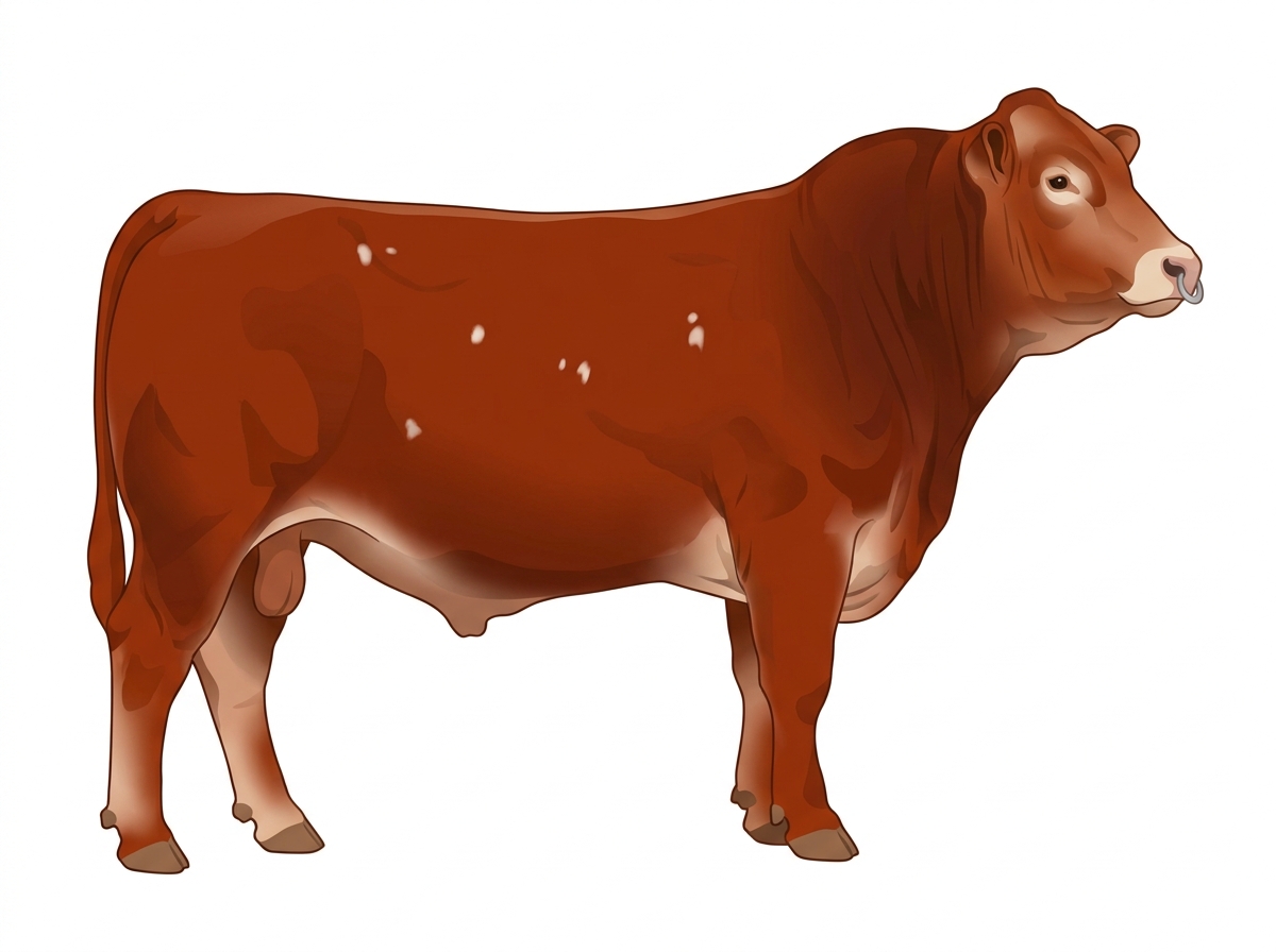 Red with a pale muzzle ring and lighter underline and a few white spots 1/2 Limousin 1/2 Simmental Bull