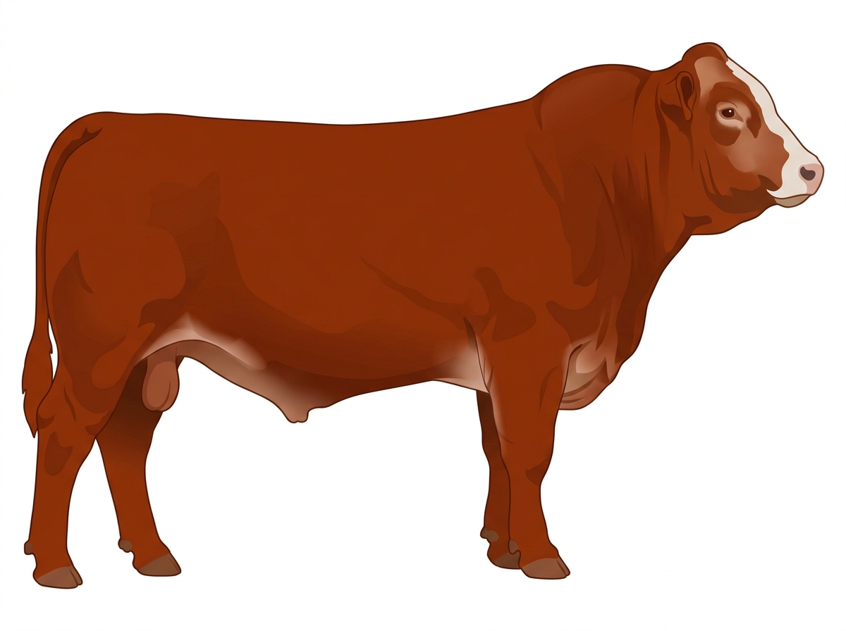 Red with a pale muzzle ring and lighter underline and a partial white face 1/2 Limousin 1/2 Simmental Bull