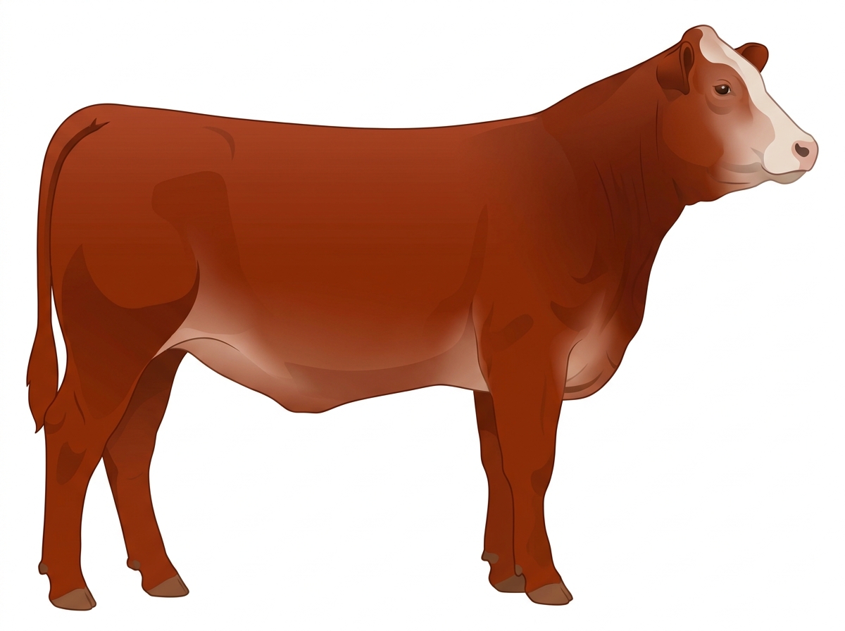 Red with a pale muzzle ring and lighter underline and a partial white face 1/2 Limousin 1/2 Simmental Heifer