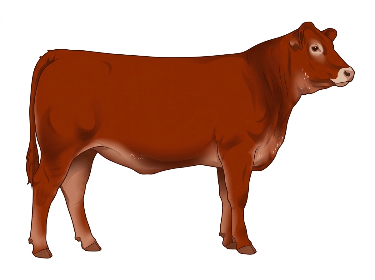Red with a pale muzzle ring and lighter underline and ticking in the white 1/2 Limousin 1/2 Simmental Heifer