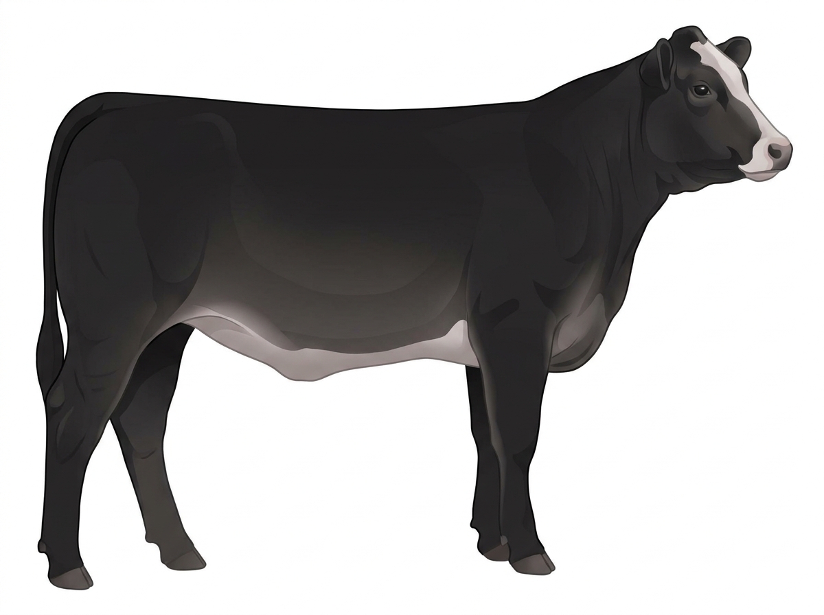 Black with a pale muzzle ring and lighter underline and a partial white face 1/2 Limousin Cross Heifer