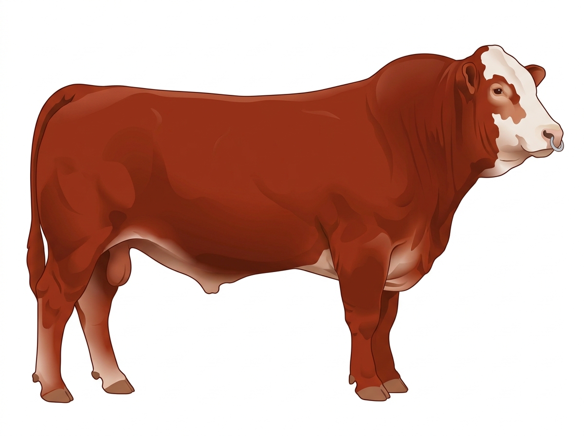 Red with a pale muzzle ring and lighter underline and a white face 1/2 Limousin Cross Bull