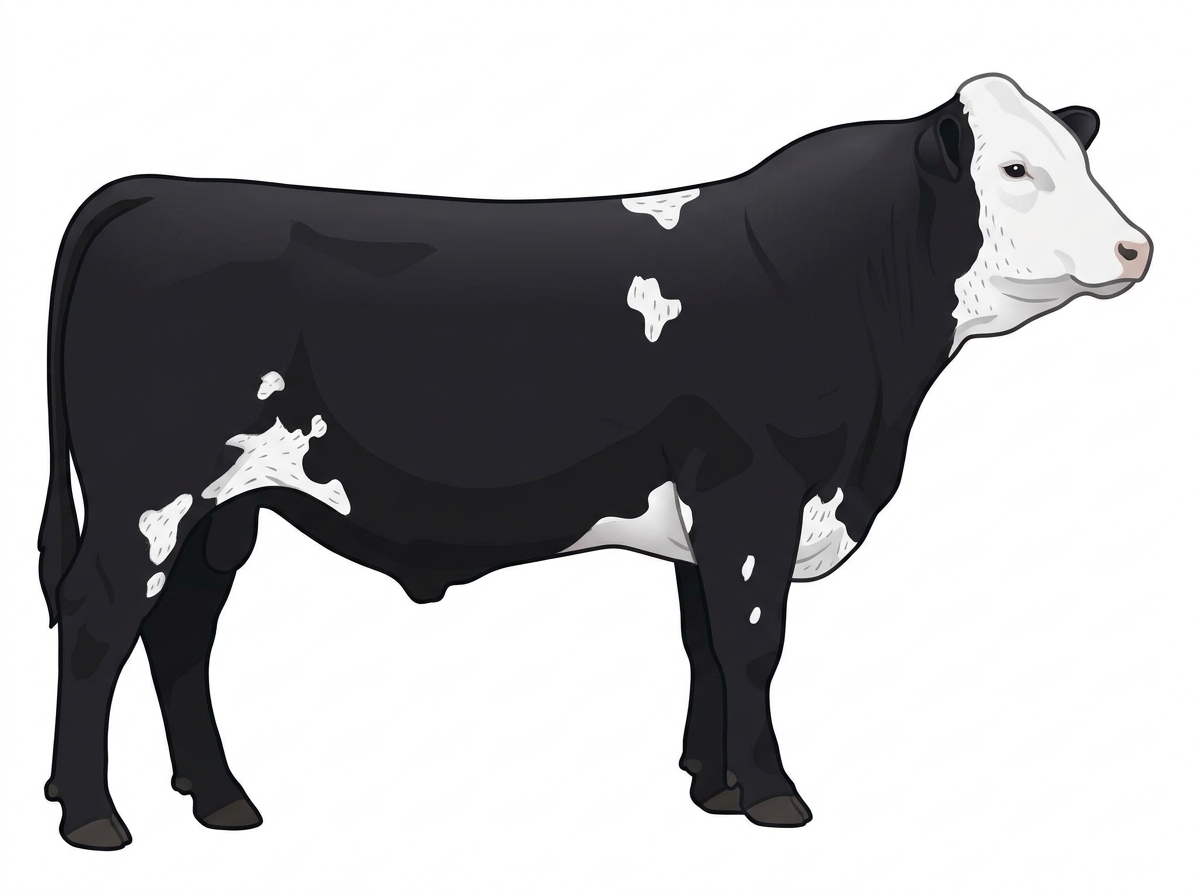 Black with a white face, a few white spots and ticking in the white 1/2 Simmental Cross Bull