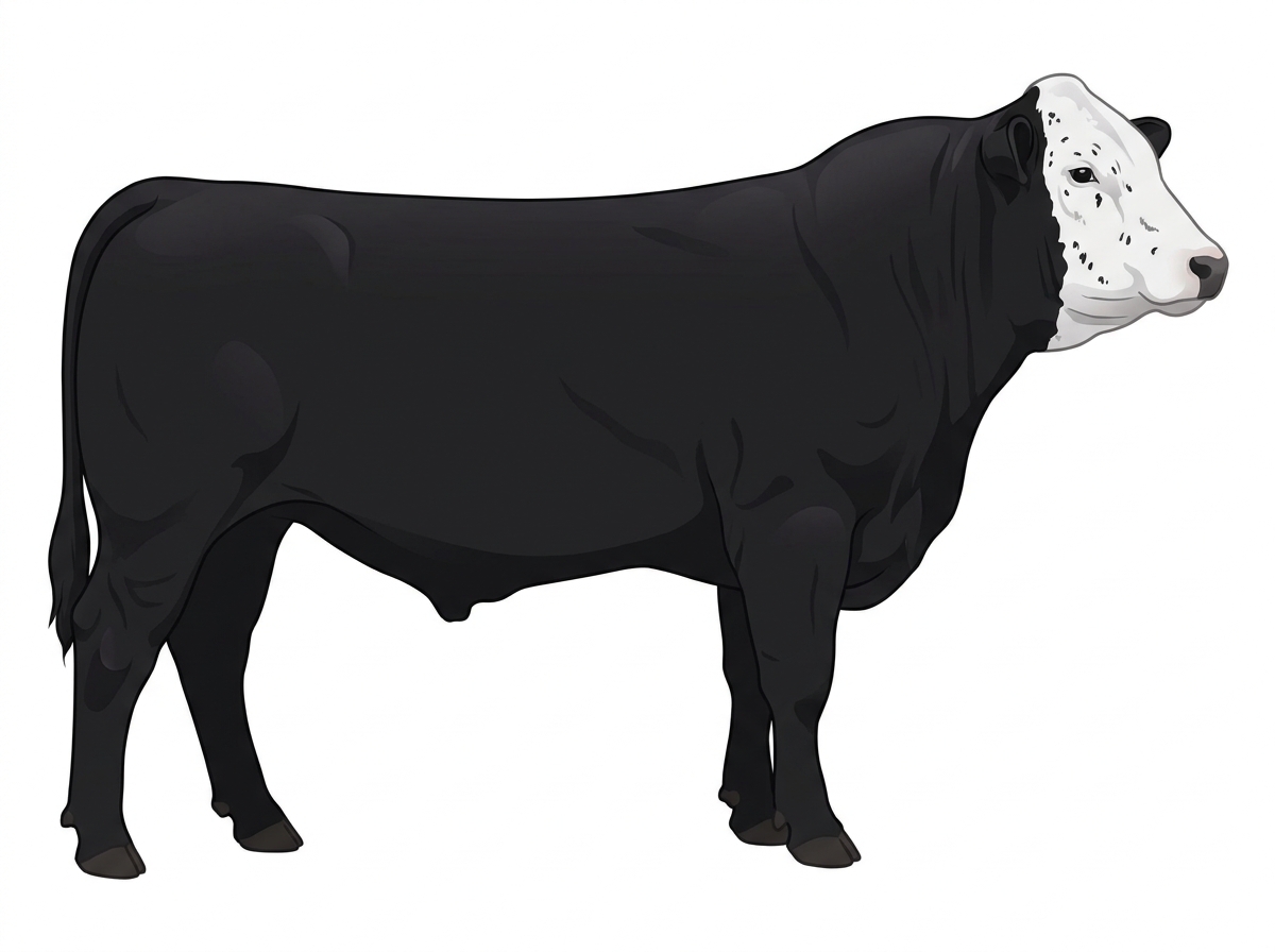 Black with a white face and ticking in the white 1/2 Simmental Cross Bull
