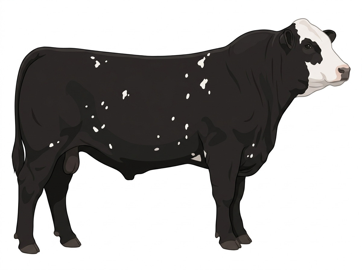 Black with a white face and white spots 1/2 Simmental Cross Bull