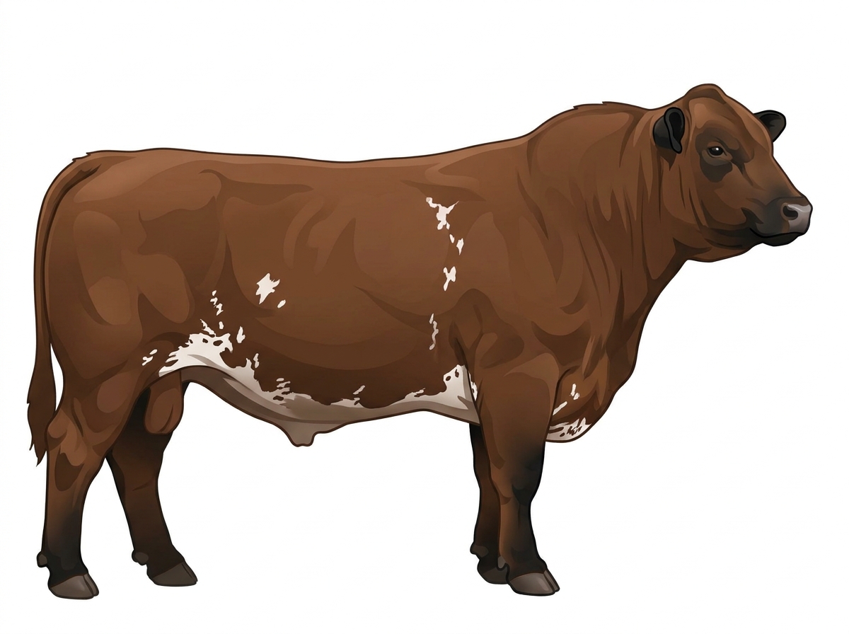Brown with black points, a few white spots and ticking in the white 1/2 Simmental Cross Bull