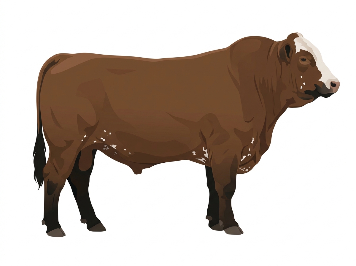 Brown with black points, a white face, a few white spots and ticking in the white 1/2 Simmental Cross Bull