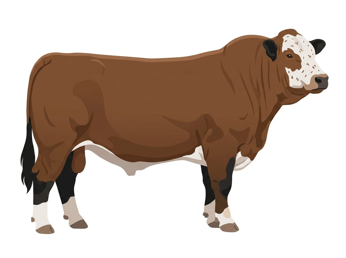 Brown with black points, a white face and ticking in the white 1/2 Simmental Cross Bull
