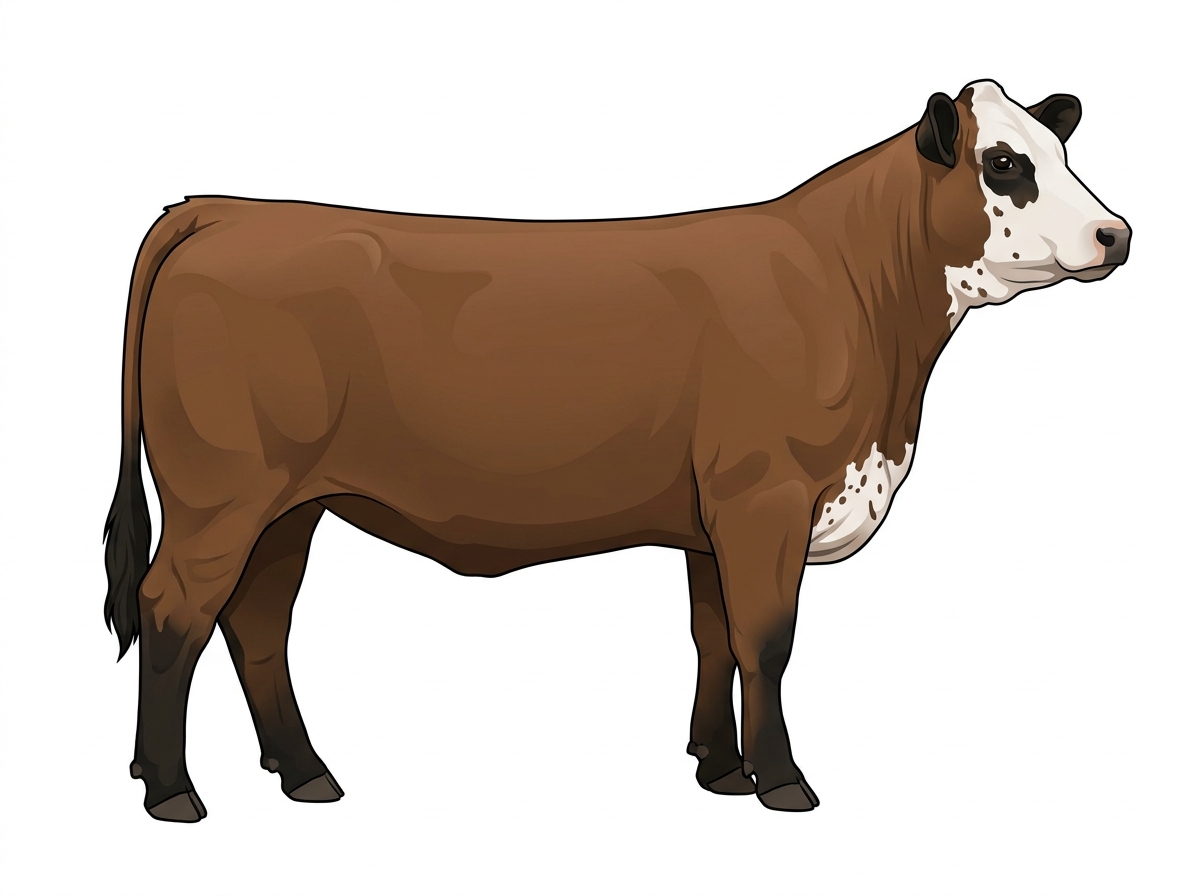 Brown with black points, a white face and ticking in the white 1/2 Simmental Cross Heifer
