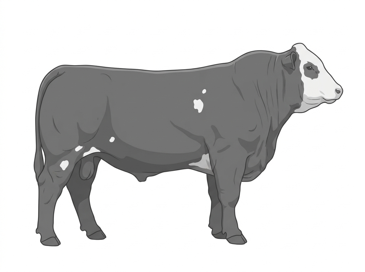Gray with a white face and a few white spots 1/2 Simmental Cross Bull