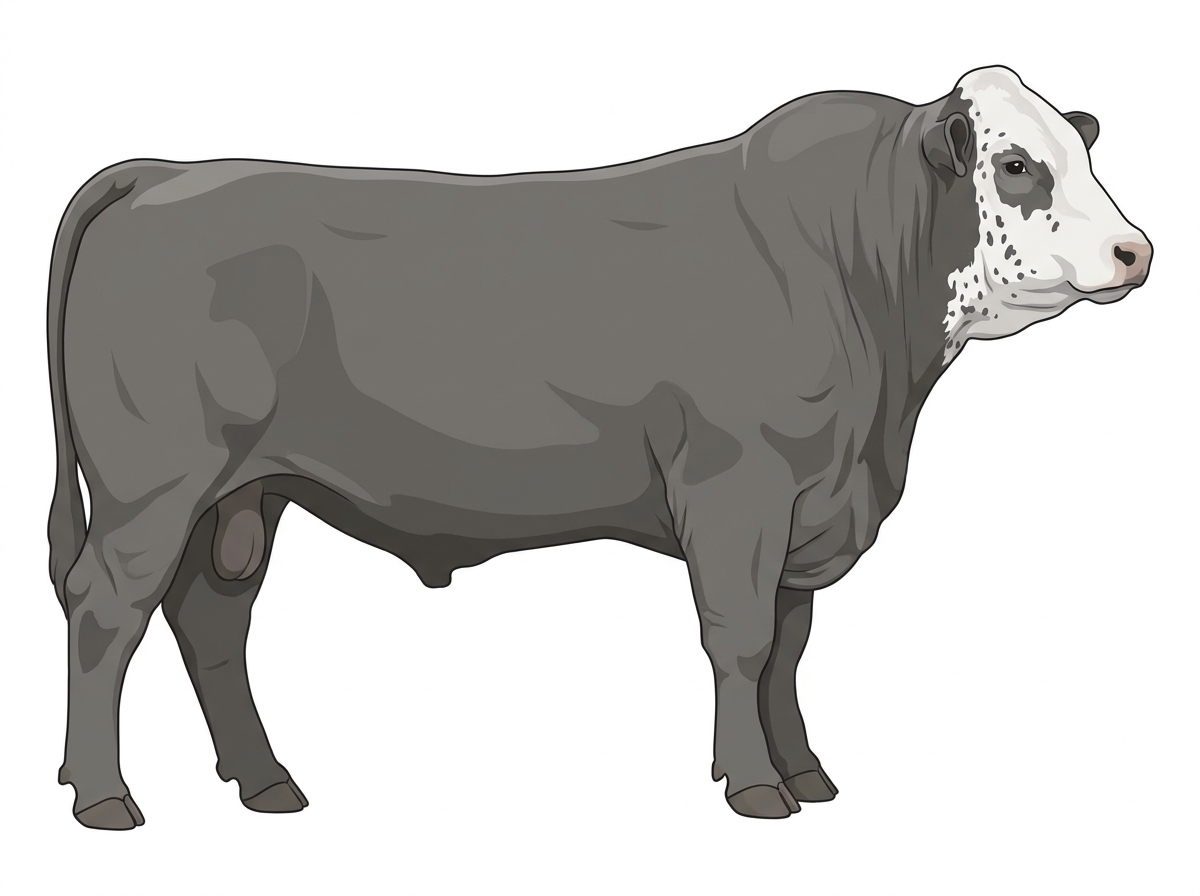 Gray with a white face and ticking in the white 1/2 Simmental Cross Bull