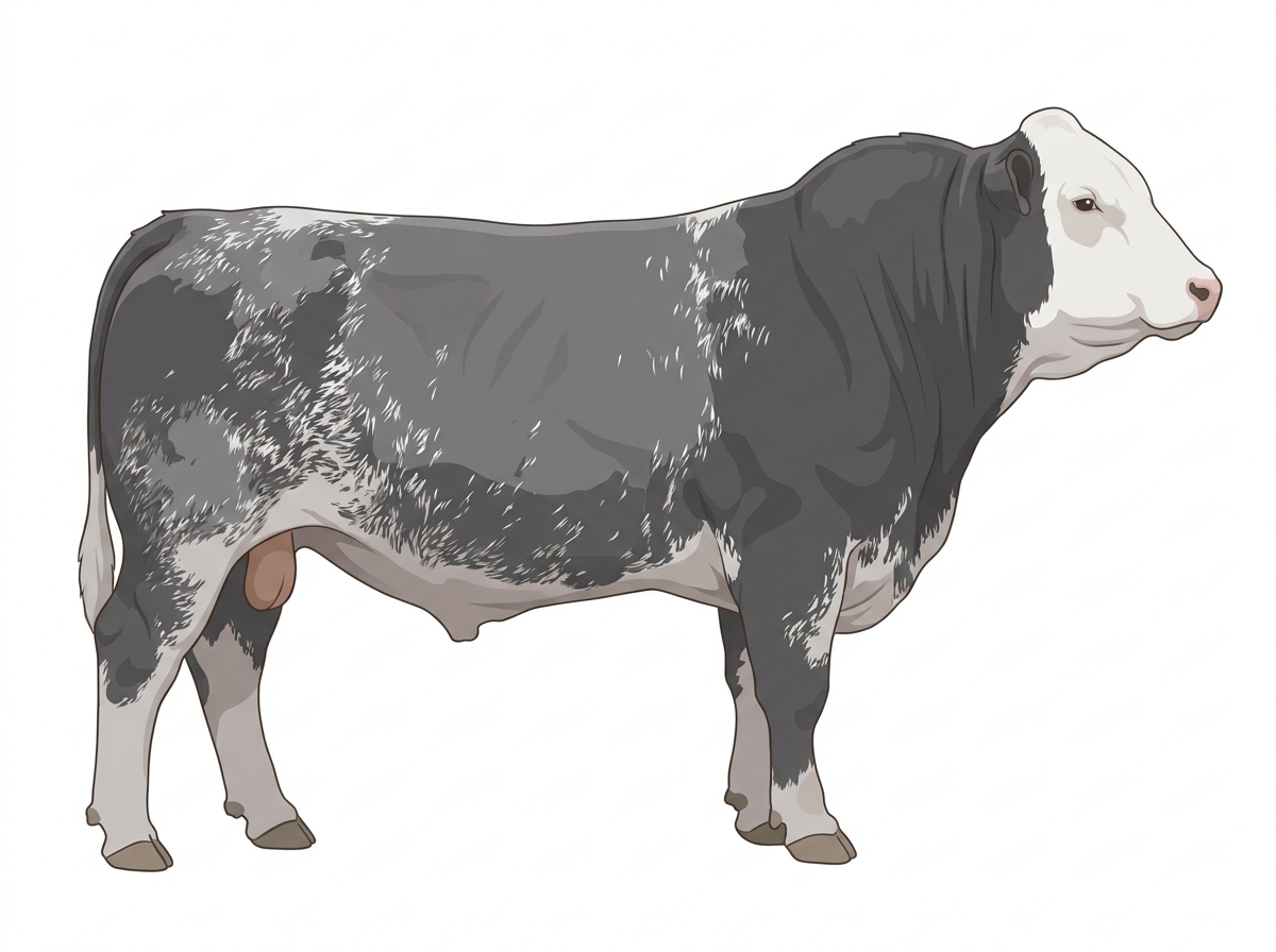 Light blue roan with a white face 1/2 Simmental Cross Bull