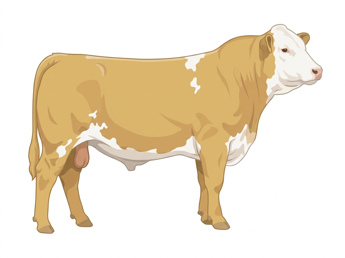 Light gold roan with a full white face, white brisket and underline and white spots 1/2 Simmental Cross Bull