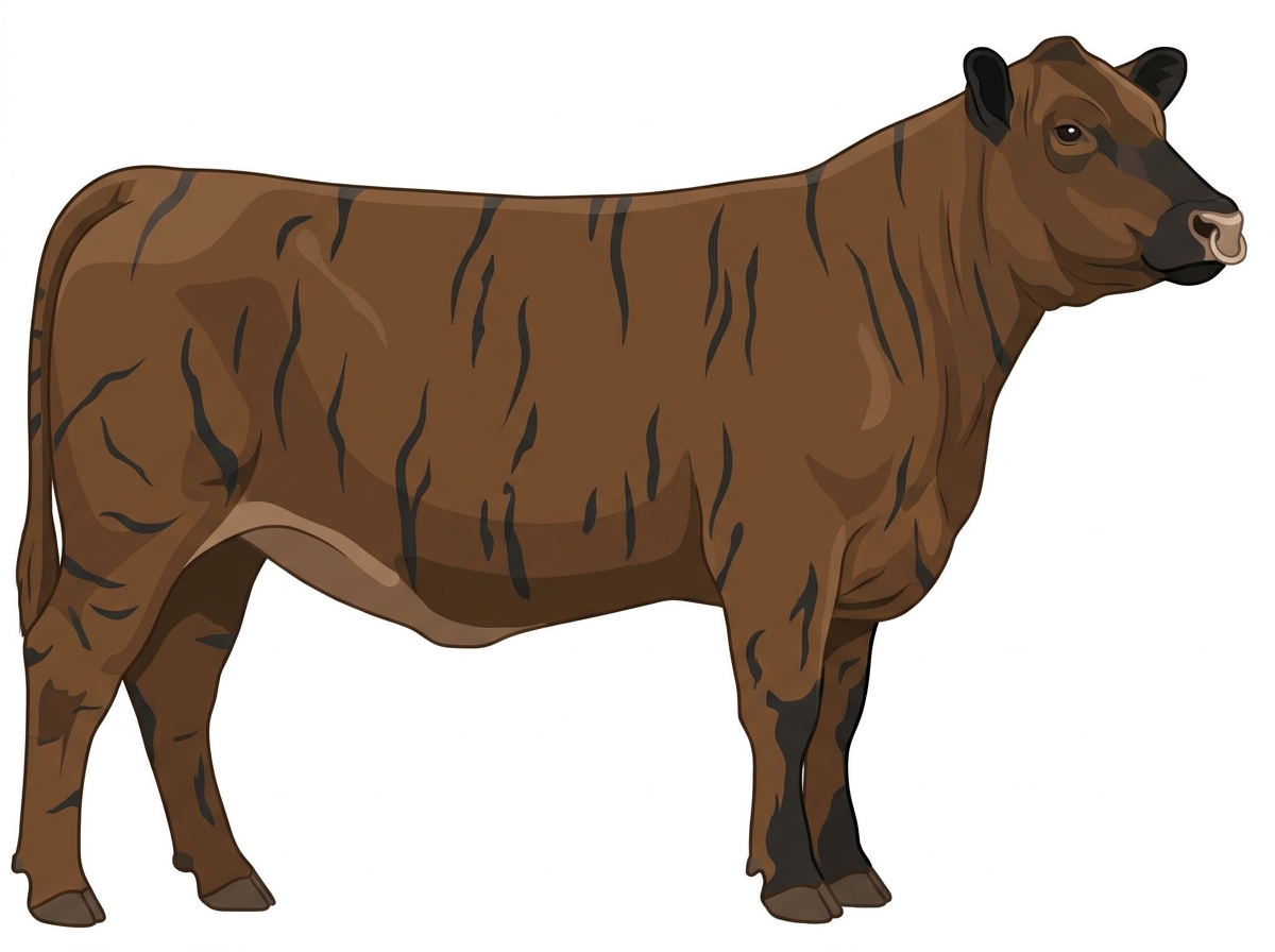 Brown brindle with black stripes, black points and a pale muzzle ring and lighter underline 13/16 Highlander Cross Heifer