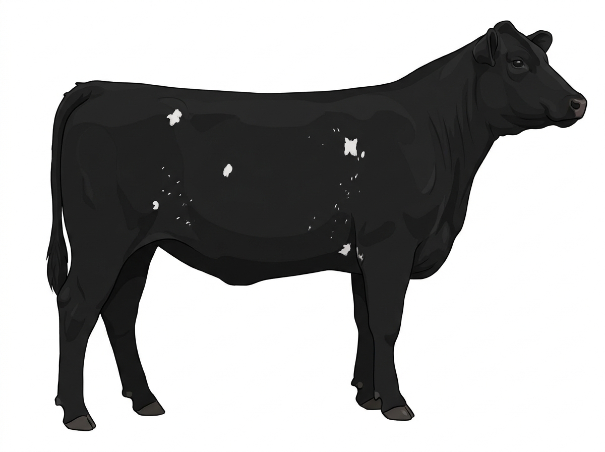 Black with a few white spots and ticking in the white 13/16 Maine-Anjou 3/16 Angus Heifer