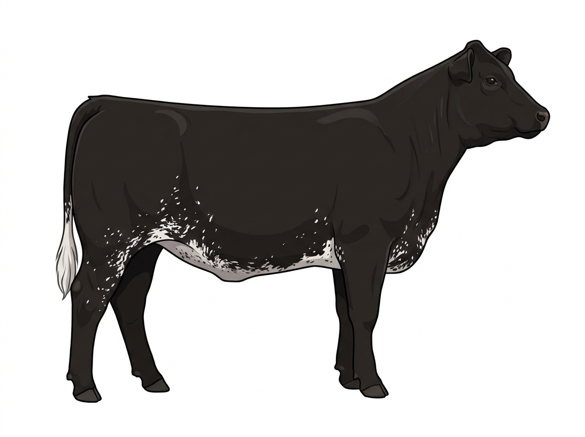 Black with ticking in the white 13/16 Maine-Anjou 3/16 Angus Heifer