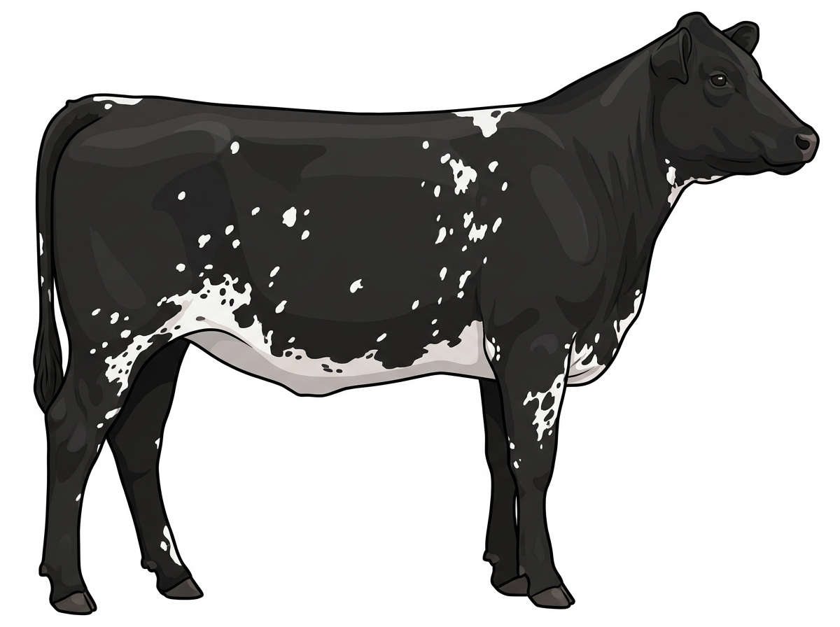 Black with white spots and ticking in the white 13/16 Maine-Anjou 3/16 Angus Heifer