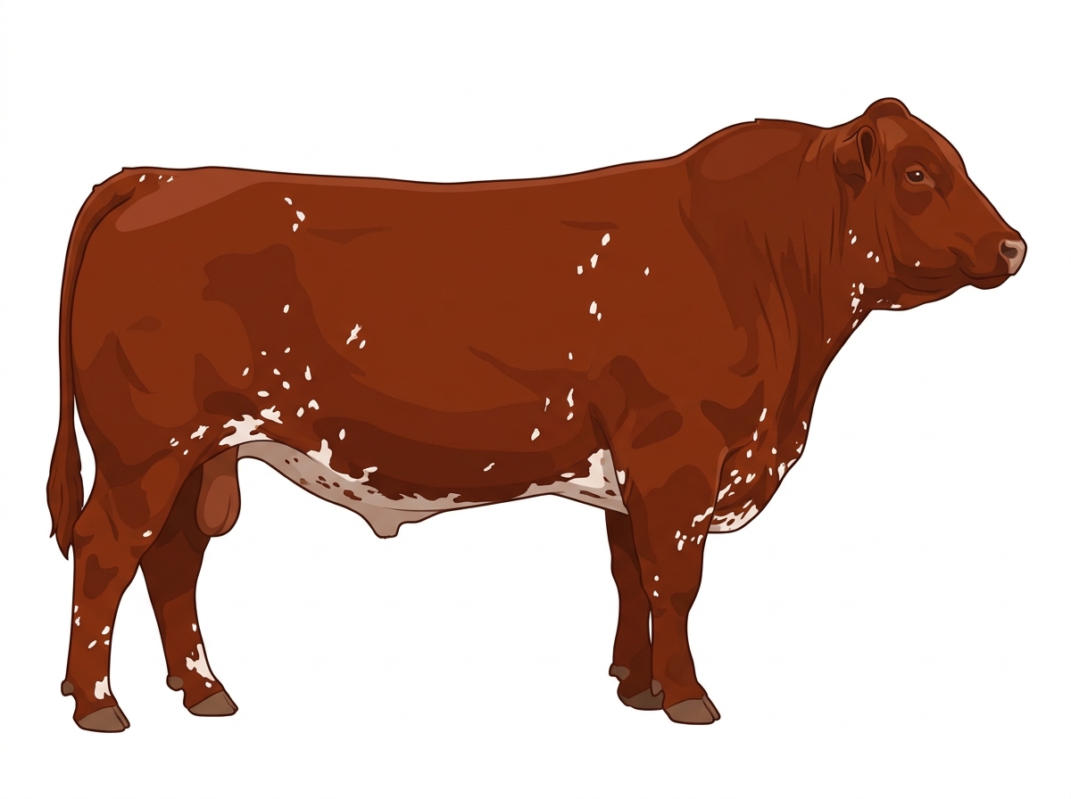Red with a few white spots and ticking in the white 13/16 Maine-Anjou 3/16 Angus Bull