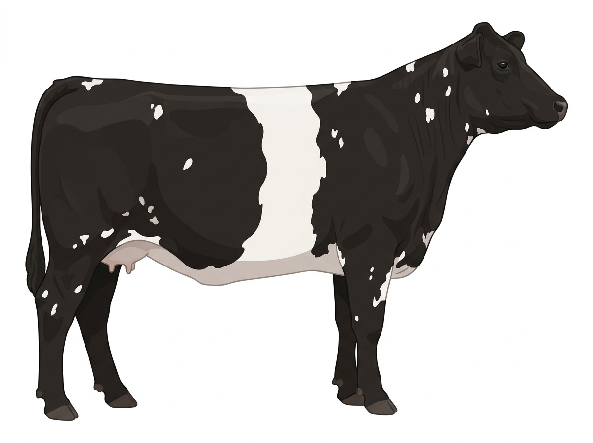Black with a white belt around the midsection and white spots 13/16 Maine-Anjou 3/16 Belted Galloway Cow