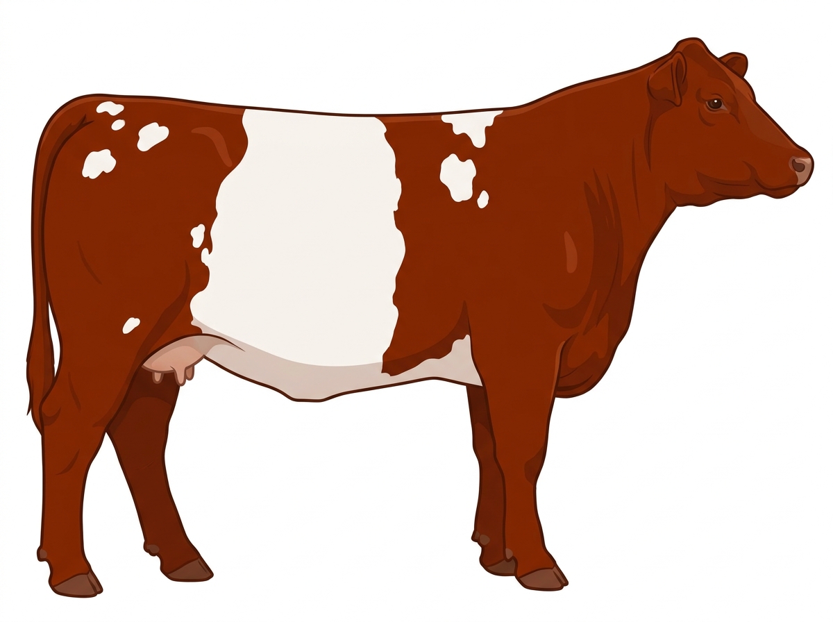Red with a white belt around the midsection and white spots 13/16 Maine-Anjou 3/16 Belted Galloway Cow