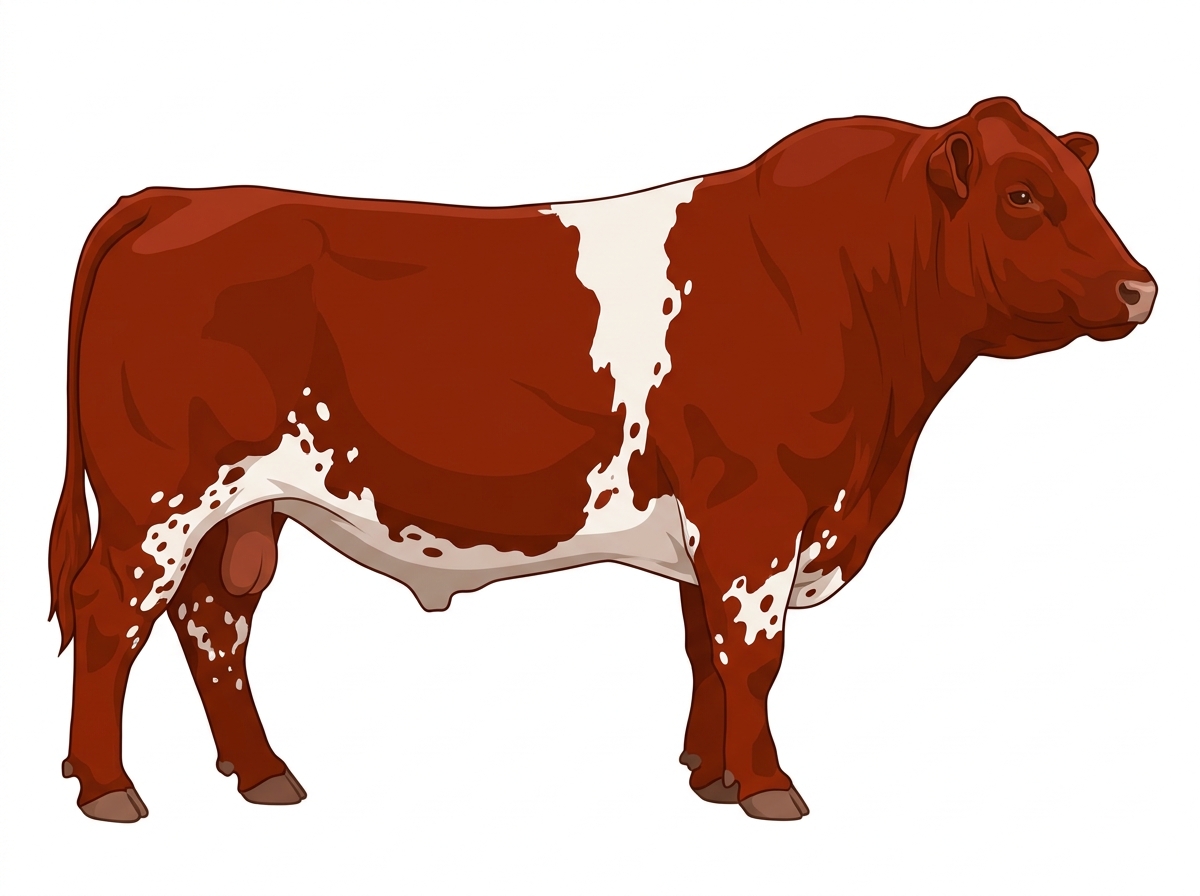 Red with white spots and ticking in the white 13/16 Maine-Anjou 3/16 Belted Galloway Bull