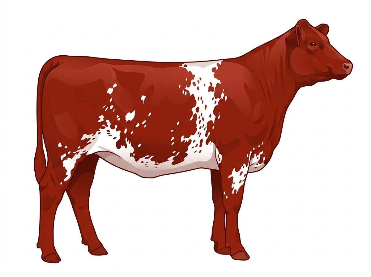 Red with white spots and ticking in the white 13/16 Maine-Anjou 3/16 Belted Galloway Heifer