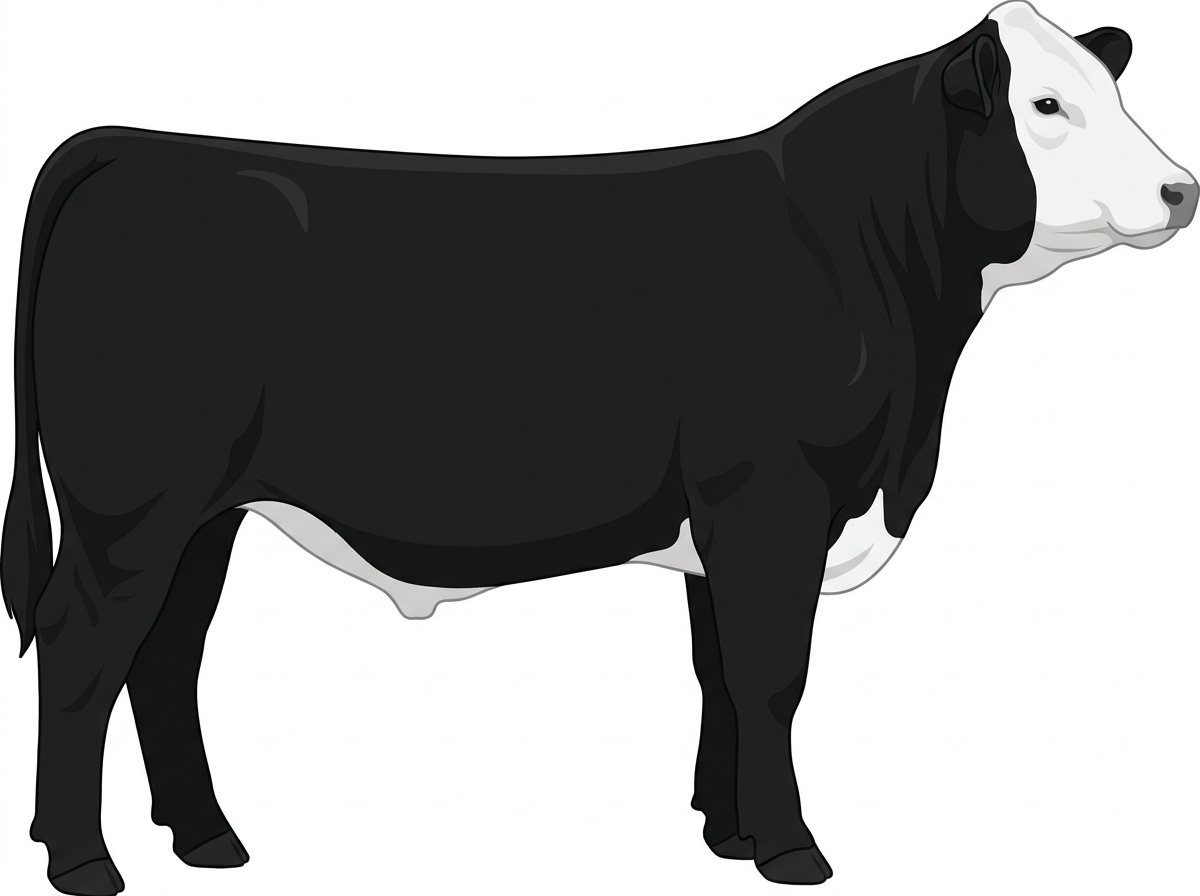 Black with a full white face, white brisket and underline 13/16 Simmental 3/16 Angus Steer