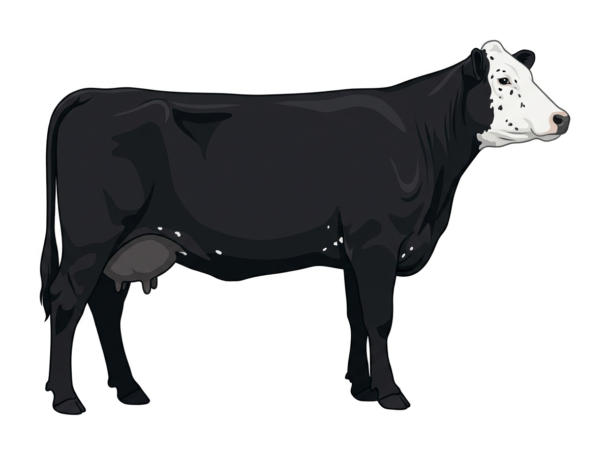 Black with a white face, a few white spots and ticking in the white 13/16 Simmental 3/16 Angus Cow