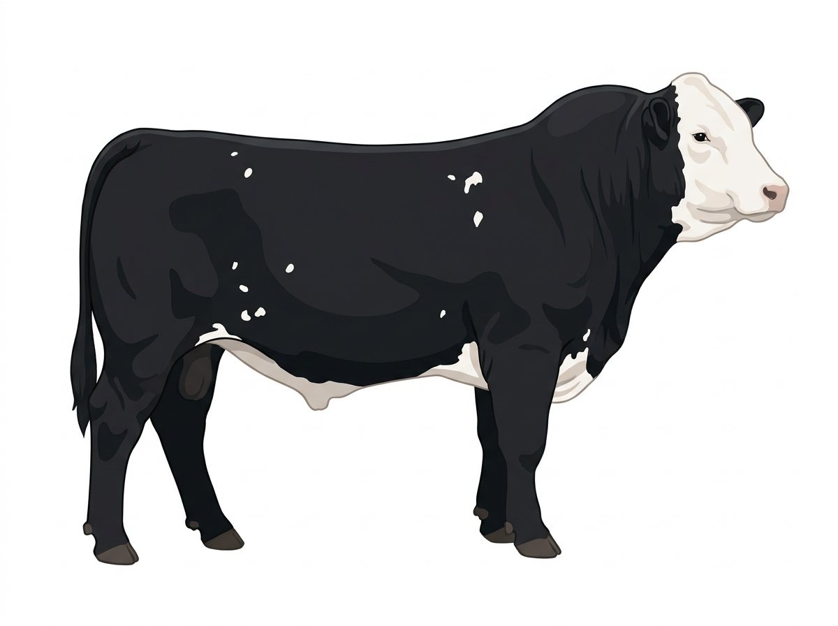 Black with a full white face, white brisket and underline and white spots 13/16 Simmental Cross Bull