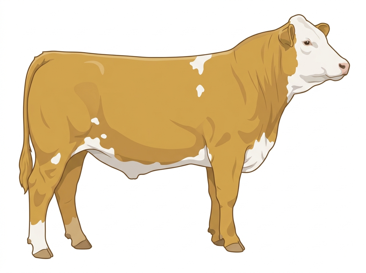 Gold with a full white face, white brisket and underline and a few white spots 13/16 Simmental Cross Steer