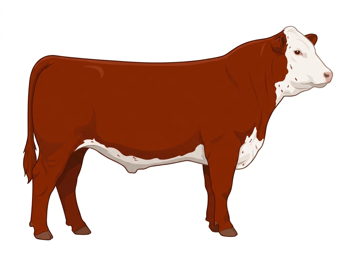 Red with a full white face, white brisket and underline and ticking in the white 13/16 Simmental Cross Steer