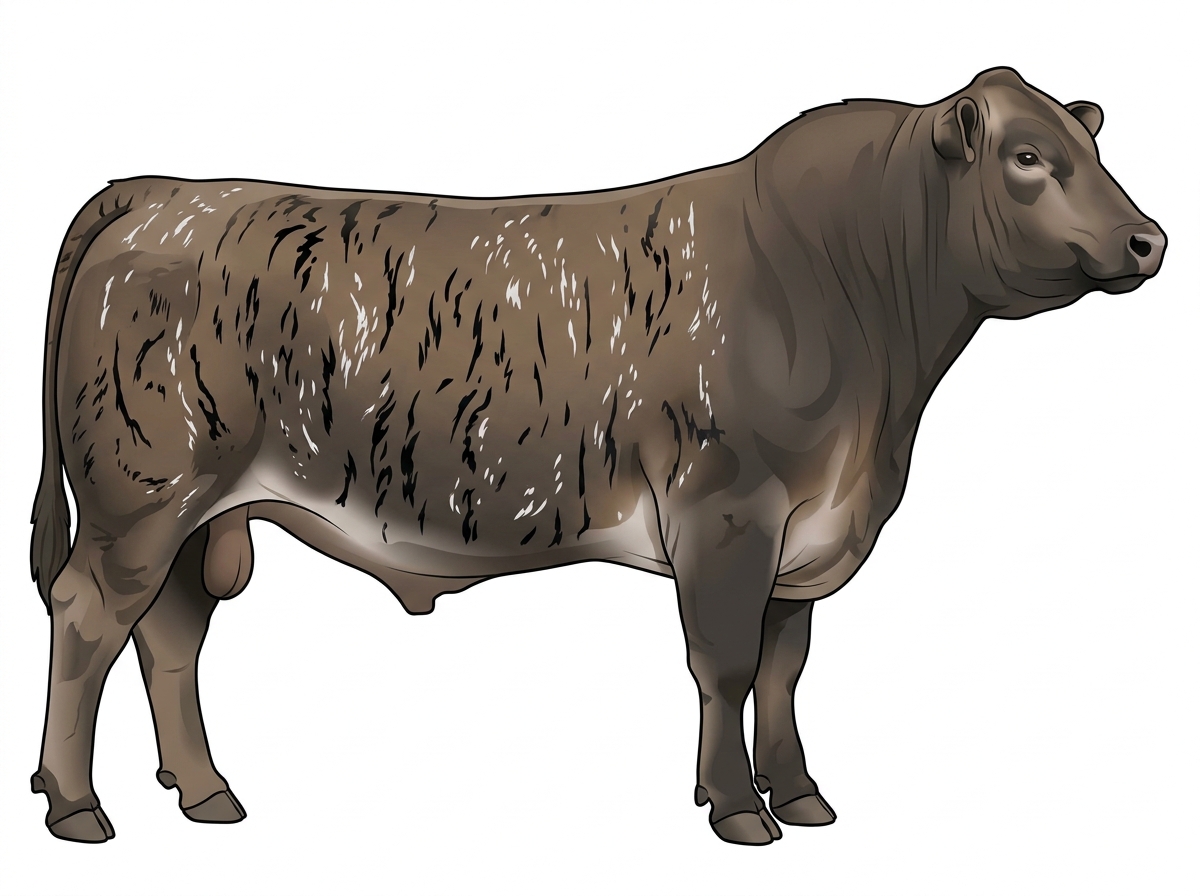 Smoky brindle with black stripes and ticking in the white 3/4 Brahman 1/4 Red Angus Bull