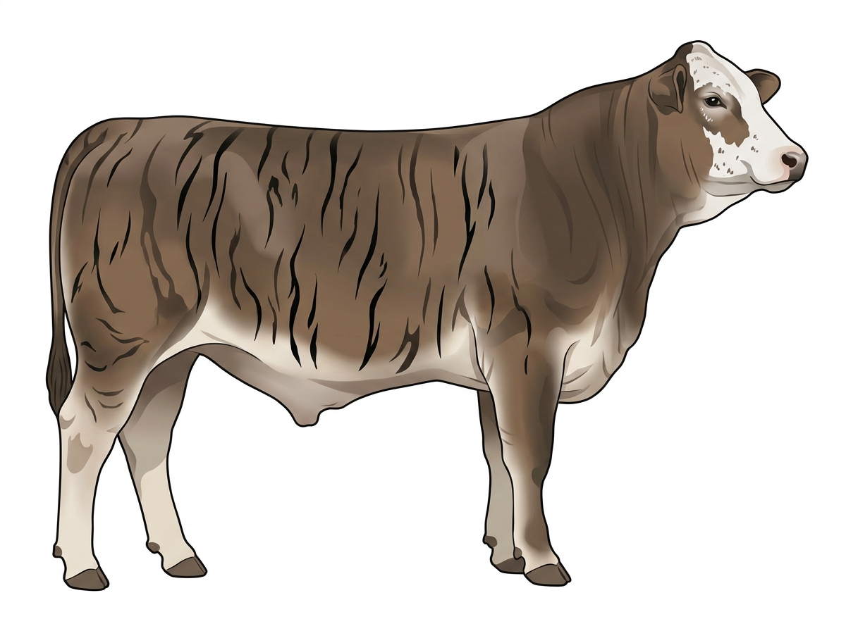 Smoky brindle with black stripes, a partial white face and ticking in the white 3/4 Brahman 1/4 Simmental Steer