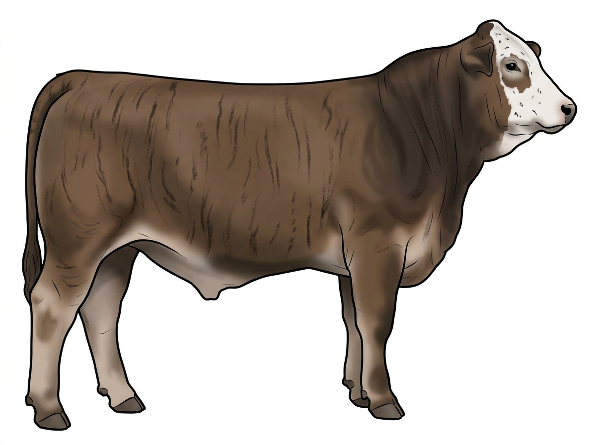 Smoky brindle with faint black striping, a partial white face and ticking in the white 3/4 Brahman 1/4 Simmental Steer