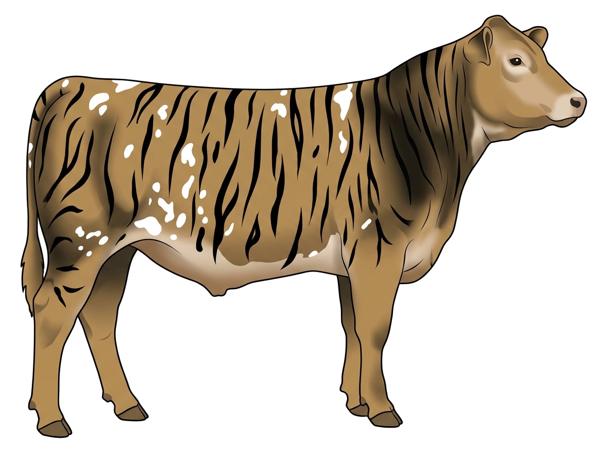Tan brindle with heavy black striping and white spots 3/4 Brahman 1/4 Simmental Steer