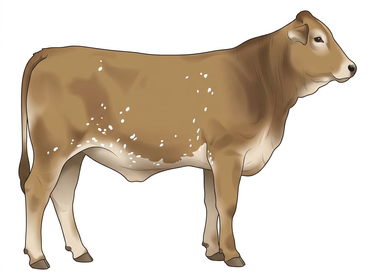 Tan with white spots and ticking in the white 3/4 Brahman 1/4 Simmental Heifer