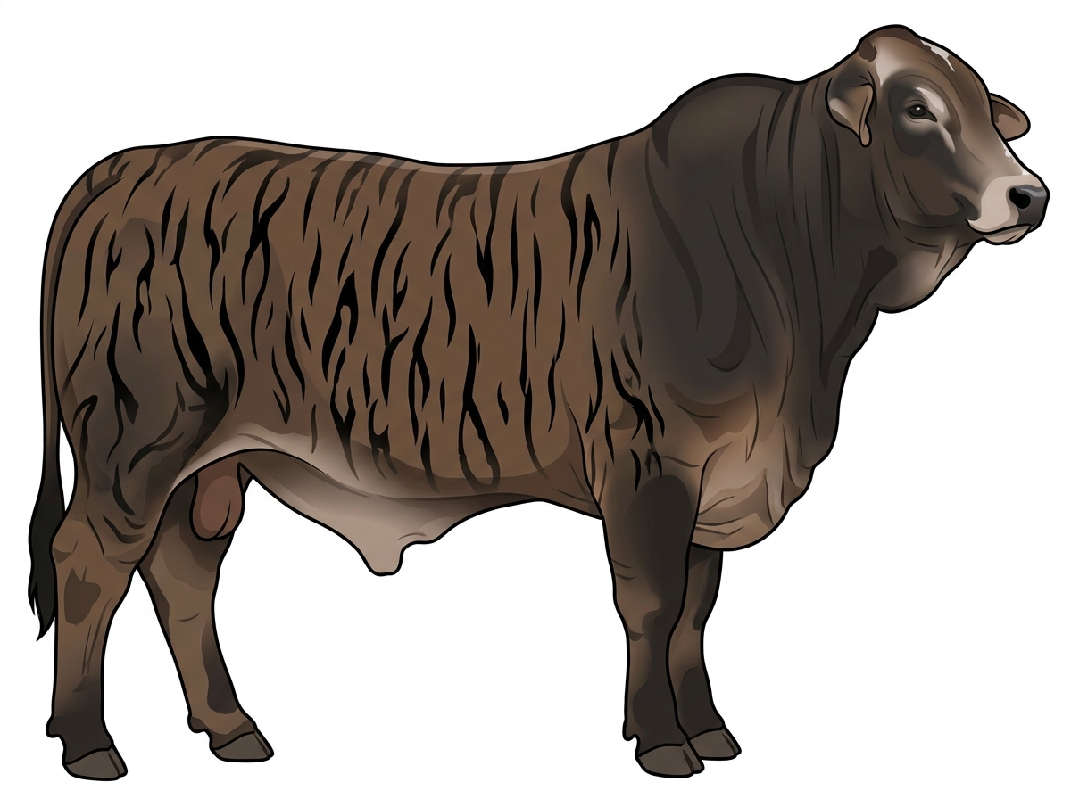 Smoky brindle with heavy black striping and minimal white face markings 3/4 Brahman Cross Bull